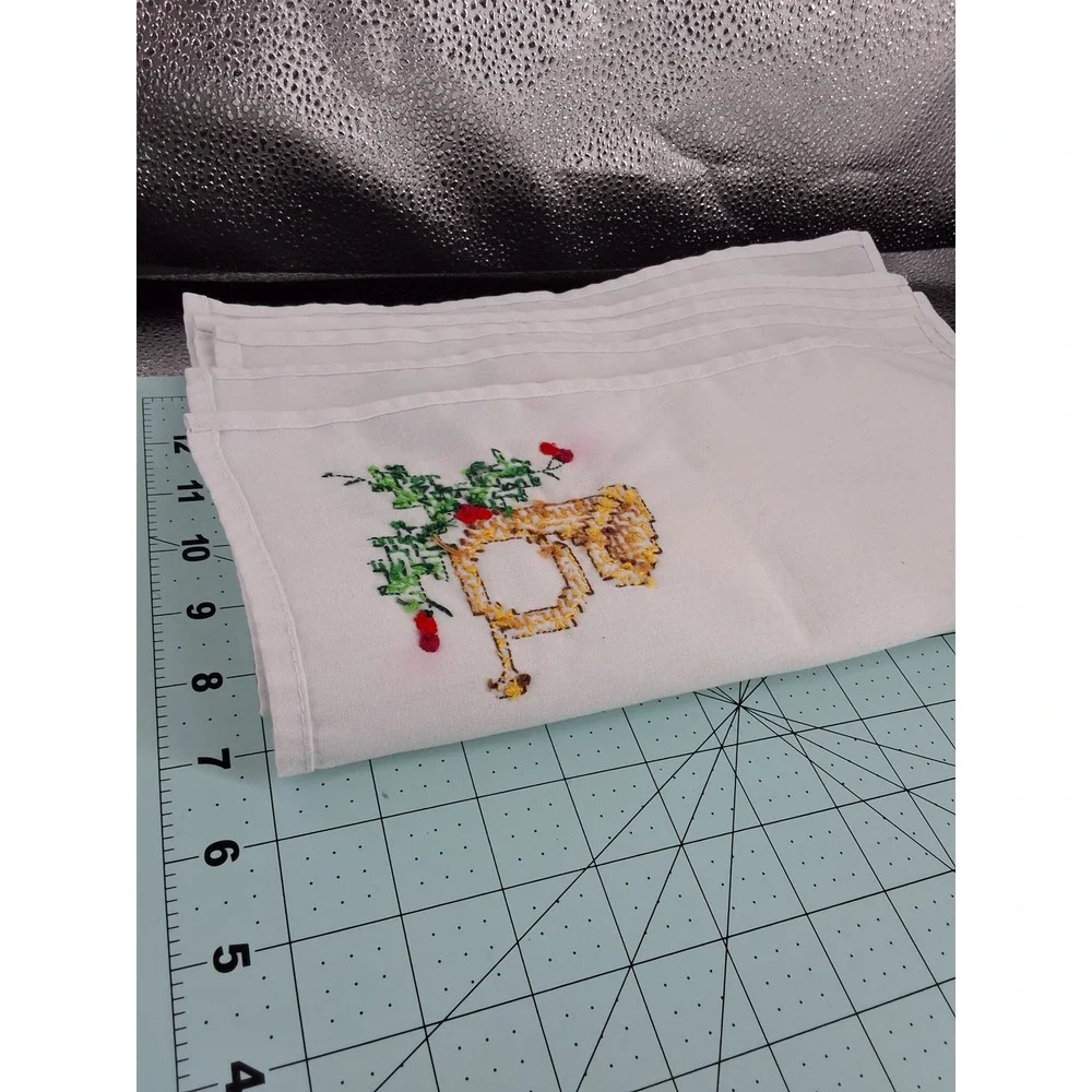 Vintage Cross Stitch‎ Christmas Napkins White Cotton French Horn Holly Set of 6